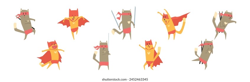 Funny Superhero Cat in Red Cape and Mask Vector Set