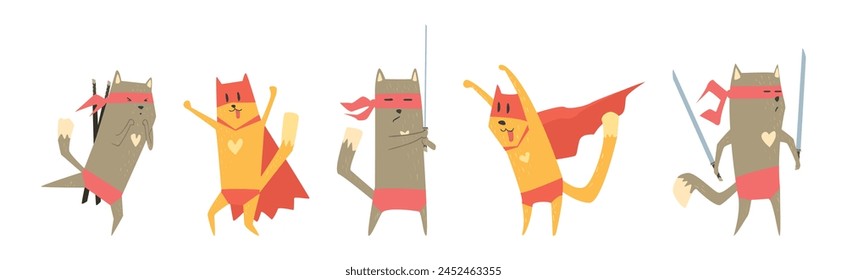 Divertido gato de superhéroes en el Vector de la capa roja y la máscara