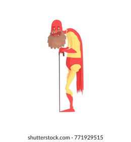 Funny superhero grandfather with walking stick. Elderly bearded man in retirement. Cartoon character in yellow costume with red cloak and mask. Isolated flat vector