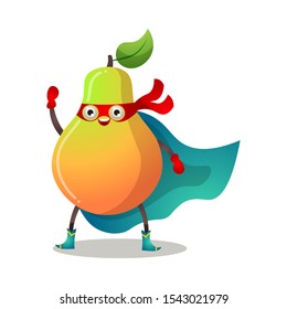 Funny superhero humanized pear in a red mask and blue cloak. Vector illustration isolated on white background