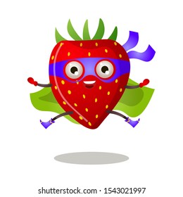 Funny superhero humanized strawberry in a purple mask and green cloak. Vector illustration isolated on white background