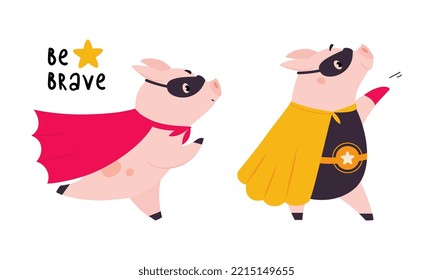 Funny superhero pigs dressed in capes and masks set cartoon vector illustration