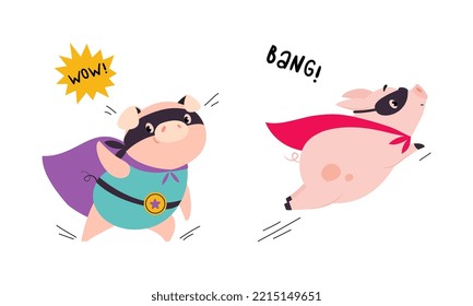 Funny superhero pigs running and flying set. Cute powerful piglets dressed as superheroes cartoon vector illustration