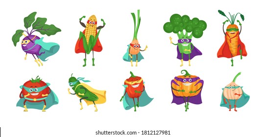 Funny superhero vegetable cartoon character set, flat vector isolated illustration. Cute veggies kohlrabi, onion, broccoli, carrot, tomato, garlic, pumpkin, cucumber, corn in super hero cape and mask.