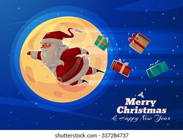 Funny Supersanta with presents on the background of the moon. Christmas greeting card background poster. Vector illustration. Merry christmas and Happy new year.