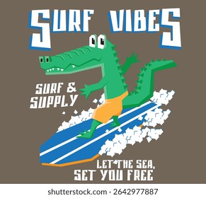funny, surf rider crocodile cartoon in vector format