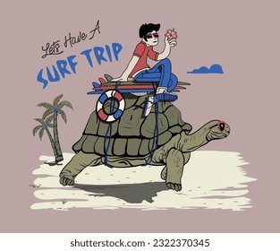 funny surfer boy vector illustration, surf trip vector artwork, boy riding turtle vector, summer surfing design for t shirt, sticker, poster, turtle surfing drawing  