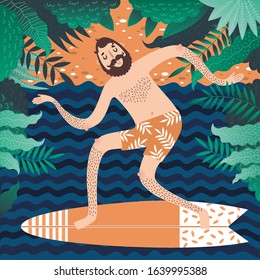Funny surfer on board. Vector illustration.