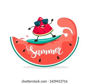 Funny surfer watermelon slice rides on watermelon waves. Summer illustration in cartoon style. Vector