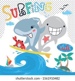 Funny surfing with crab, shark, whale, on wave vector illustration.