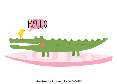 Funny surfing crocodile with a bird on his nose  -  inscription hello -  cartoon illustration