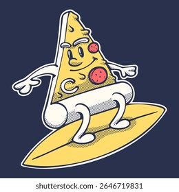 Engraçado Surf Pizza Ilustração de Desenho Animado