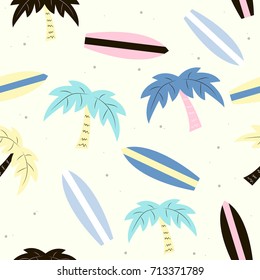 Funny surfing seamless pattern with palm tree. Vector hand drawn illustration.