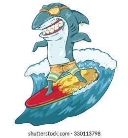 Funny Surfing Shark With Glasses And Cool Style On Surfboard And Wave With Color