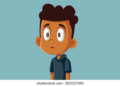 Funny Surprised African Boy Being Shy Vector Cartoon. Timid little child raising eyebrows feeling embarrassed and anxious
