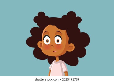 Funny Surprised African Girl Being Shy Vector Cartoon. Timid little child raising eyebrows feeling embarrassed and anxious
