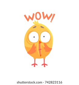 Funny surprised cartoon comic chicken with phrase Wow vector Illustration