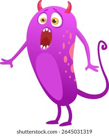 Funny surprised cartoon monster character with horns and tail screaming loudly, suitable for halloween designs or children book illustrations