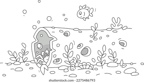 Funny surprised crab peeping out of an old worn and corroded underwater pipeline full of holes on the bottom of a sea, black and white outline vector cartoon illustration