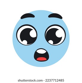 Funny surprised emoticon. Comic and humor, cute emoji. Blue character shocked. Poster or banner for website. Emotions, moods and feelings, facial expressions. Cartoon flat vector illustration