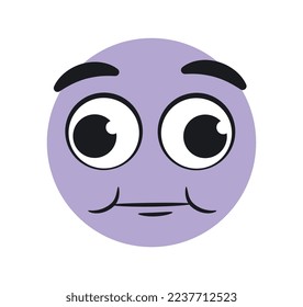 Funny surprised emoticon. Purple character looks with his eyes in different directions. Sticker for social networks and reaction for messengers. Facial expressions. Cartoon flat vector illustration