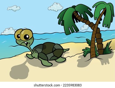 Funny Surprised Green Turtle with Big Eyes - Colored Cartoon Illustration with Tropical  Background, Vector