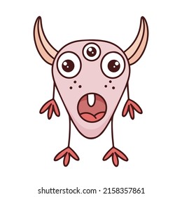 Funny surprised monster with horns and three eyes. Fictional baby character isolated vector illustration. Weirdo doodle style