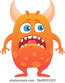 Funny, surprised orange cartoon monster with big eyes, playful horns, and an open mouth sticking out its tongue, making it perfect for children s illustrations and whimsical designs
