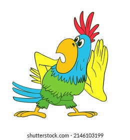 funny surprised parrot eavesdrops with a wing attached to his ear, cartoon, on a white background