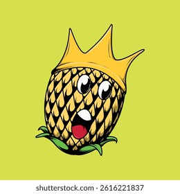 Funny surprised pineapple with a crown. Cartoon tropical fruit character.