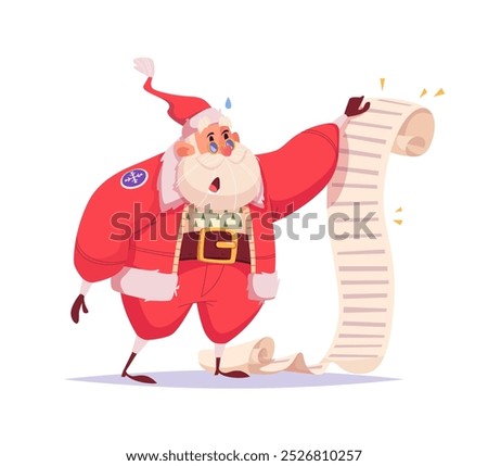 Funny surprised Santa reading wish list. Character design