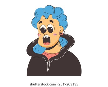 Funny surprised shocked man. Cartoon guy with blue hair and open mouth. Vector isolated flat illustration.