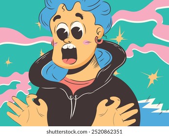 Funny surprised shocked man. Cartoon guy with blue hair and open mouth. Vector flat illustration.