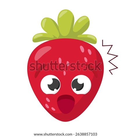 Funny surprised strawberry cartoon face with big eyes and open mouth isolated on white background