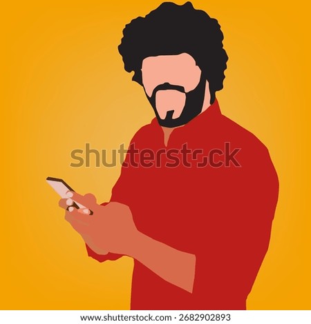 Funny surprised trendy guy suddenly read message on his mobile phone and expressing shock amazement, unbelievable news on smartphone. Studio shot isolated, res blouse, orange background, chain, curly