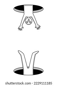 Funny and surreal vector illustration, in grayscale, of a man whose half of his body comes out of one hole and the other half comes out of another hole, in cartoon style.