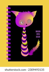 Funny surreal violet cat with psychedelic rotating eyes and unusual torso. Template with colorful optical illusion on a black background. Style opt art, pop art. For cover, mobile device. Vector.