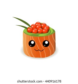 Funny sushi character with cute face. Asian food, vector illustration isolated on white background. 
