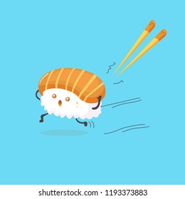Funny sushi characters with cute faces and chopsticks. Asian food, vector illustration isolated on blue background.Vector illustration in a cartoon style.