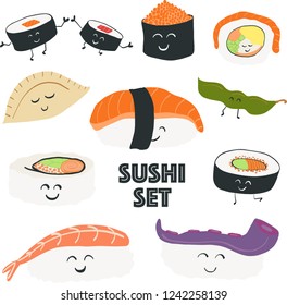 Funny sushi characters with cute faces. Happy sushi characters. Sushi roll funny set. Asian food, vector illustration with colorful background. 