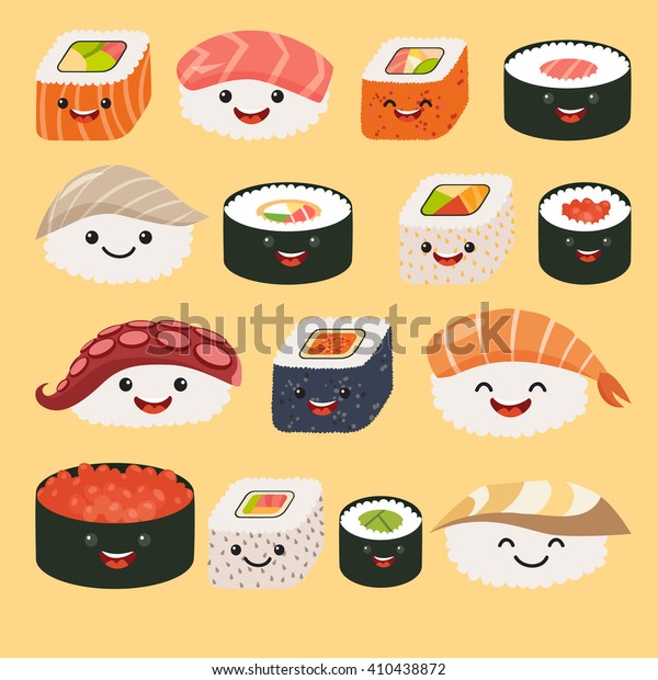 かわいい顔と刺身セットのおかしなすしキャラクター 幸せなすしキャラクター ロール ファニー セット 白い背景にアジアの食べ物 ベクターイラスト のベクター画像素材 ロイヤリティフリー 410438872