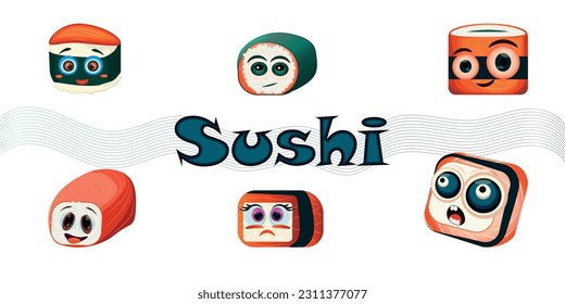 Hübsche Sushi-Figuren. Sushi Roll und Sashimi Set. Sushi mit unterschiedlichen Emotionen. Sushi Roll ist ein lustiges Set. Asiatische Lebensmittel, Vektorgrafik einzeln auf weißem Hintergrund