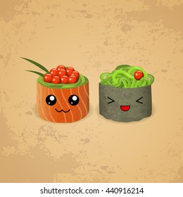 Funny sushi characters roll and sashimi with cute faces. Asian food, vector illustration