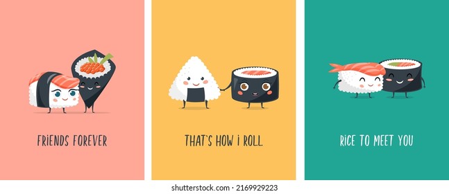 Funny Sushi concept design with sushi characters. Cute vector illustrations