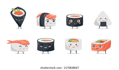 Gracioso diseño de concepto de sushi con personajes de sushi. Ilustraciones de vector de corte