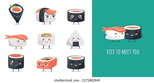 Funny Sushi concept design with sushi characters. Cute vector illustrations