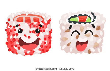 Funny Sushi and Maki with Smiling Faces Vector Set