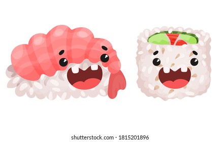 Funny Sushi and Maki with Smiling Faces Vector Set