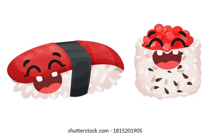 Funny Sushi and Maki with Smiling Faces Vector Set