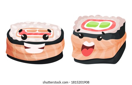 Funny Sushi and Maki with Smiling Faces Vector Set